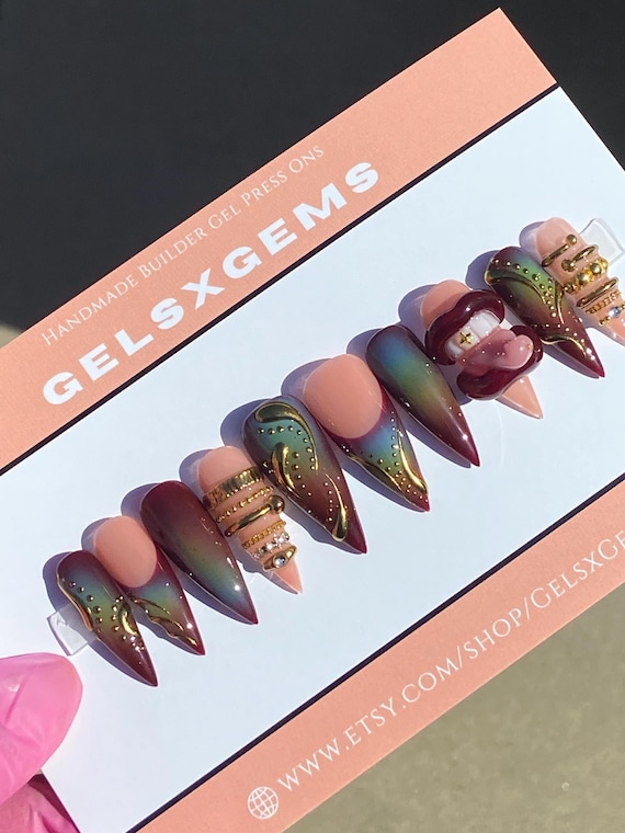 Y2K Press On Nails:  Rainbow Aura Airbrush, Gold Chrome 3D Designs