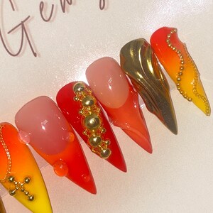 Summer Aura Y2K Press On Nails: Neon Airbrush, Gold Chrome 3D Designs image 10