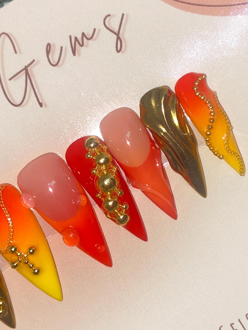 Summer Aura Y2K Press On Nails: Neon Airbrush, Gold Chrome 3D Designs image 10