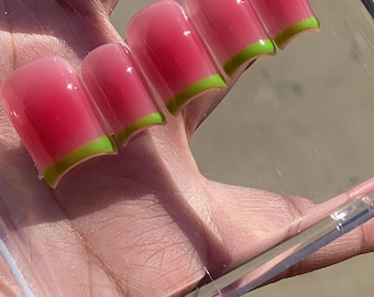 Watermelon Press On Nails: Summer Fruit, Green Tips, Red Airbrush