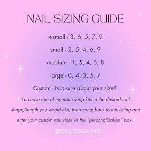 May include: A pink and white graphic with the text "NAIL SIZING GUIDE" and a list of nail sizes for different finger sizes. The sizes are categorized as x-small, small, medium, large, and custom. The graphic also includes the text "@GELSXGEMS".