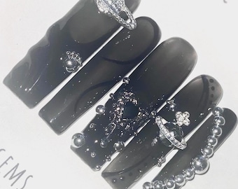 Black Silver Gothic Press On Nails: Y2K Grunge Nail Charms