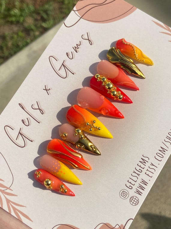 Summer Aura Y2K Press On Nails: Neon Airbrush, Gold Chrome 3D Designs