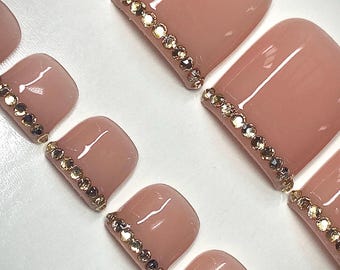 Bling Press On Toes, Natural Tone Toenails With Gold Rhinestones
