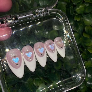 Glitter Pink, White French Tip, Pink Cateye Heart Press On Nails