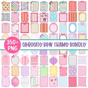 May include: A collection of over 350 PNG coquette bow frames in various shapes and patterns. The frames feature pastel colors, bows, stripes, polka dots, and floral designs. The frames are perfect for digital scrapbooking, invitations, and other creative projects.