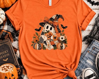 Halloween Shirt Faux Patchwork Ghost Witch Pumpkin Floral Retro Spooky Season Graphic Tee