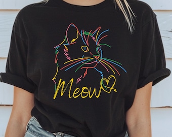 Unisex Cotton T Shirt Black Minimal Line Art Cat Meow Graphic Tee