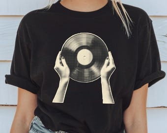 Graphic T Shirt Black Cotton Vinyl Record Retro Music DJ Shirt