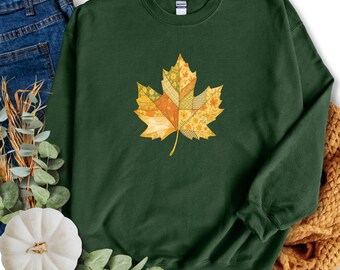 Retro Fall Sweatshirt Autumn Leaf Graphic Fall Maple Patchwork Print Tee Unisex Adult Kids Toddler Infant Bodysuit Cozy Autumn Outfit