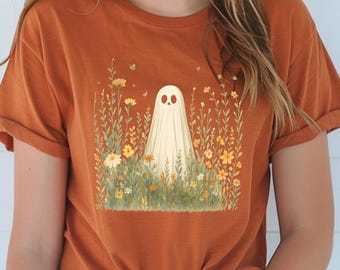 Ghost in the Meadows Shirt Cottagecore Ghost Shirt Floral Ghost Graphic Tee Spooky Cute Halloween TShirt Vintage Style Cozy Autumn Top