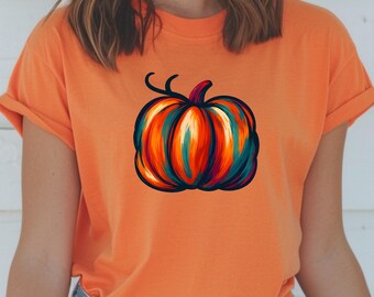 Watercolor Pumpkin T Shirt Fall Graphic Tee Autumn Halloween Shirt Colorful Pumpkin Print Unisex Bella Canvas Cotton Tee Cozy Fall Outfit