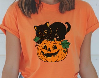 Black Cat Pumpkin Shirt Cute Halloween TShirt Fall Spooky Season Graphic Tee Trick or Treat Costume Cat Lover Autumn Aesthetic Cat Lover tee