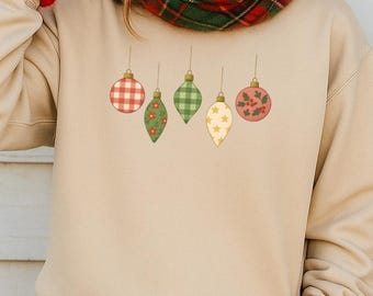 Christmas sweatshirt with patchwork ornament print holiday crewneck winter apparel