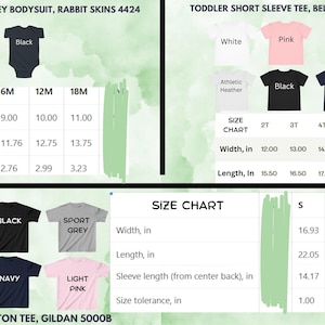 May include: Size chart for infant fine jersey bodysuits, toddler short sleeve tees, and kids heavy cotton tees. The chart shows measurements in inches for different sizes and garment types. The chart includes the brand names Rabbit Skins, Bella Canvas, and Gildan.