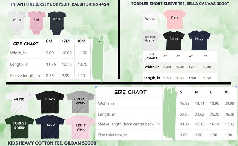 May include: Size chart for infant fine jersey bodysuits, toddler short sleeve tees, and kids heavy cotton tees. The chart shows measurements in inches for different sizes and garment types. The chart includes the brand names Rabbit Skins, Bella Canvas, and Gildan.