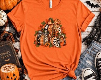 Halloween Shirt Faux Patchwork Pumpkins Vintage Quilt Style Spooky Fall Pumpkin Graphic Tee