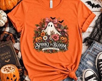 Halloween Shirt Spooky in Bloom Ghost Floral Pumpkin Botanical Fall Graphic Tee