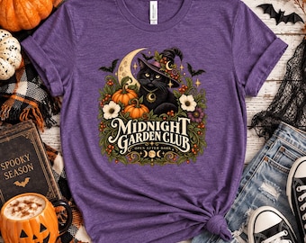 Halloween Shirt Midnight Garden Club Black Cat Witch Pumpkin Botanical Spooky Season Graphic Tee