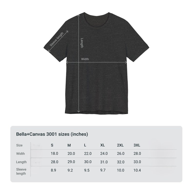 Op de afbeelding: Een maattabel voor Bella+Canvas 3001 T-shirts, met de afmetingen in inches voor maten S tot en met 3XL. De tabel bevat breedte, lengte en mouwlengte.
