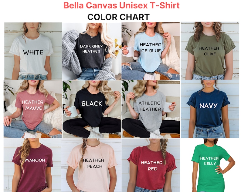 Op de afbeelding: Kleurenkaart voor Bella Canvas unisex T-shirts. De kaart toont 12 verschillende kleuren, waaronder wit, zwart, marineblauw, bordeauxrood, heidepaars, olijfgroen, ijsblauw, perzik, rood, kellygroen, donkergrijs en sportgrijs.