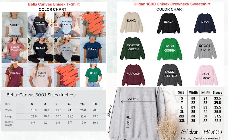May include: Color chart for Bella+Canvas 3001 unisex t-shirts and Gildan 18000 unisex crewneck sweatshirts. The chart shows various colors for each style, including white, heather mauve, black, athletic heather, navy, maroon, heather peach, kelly, sand, forest green, Irish green, sport grey, dark heather, and light pink. The chart also includes size charts for both styles, showing width, length, and sleeve length in inches.
