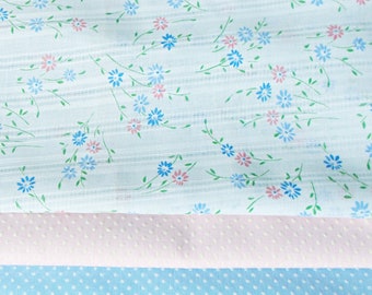 Three Vintage fabrics for DOLL CLOTHES ~ blue floral voile dimity lawn, pink and blue dotted Swiss