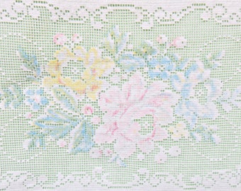 Vintage Lace Dresser Scarf, Tinted Roses Floral Doily, 7.5x15"