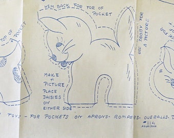 Vintage hot iron transfer of ANIMALS for stuffed toys, pillows, applique, aprons, pockets Original UNCUT