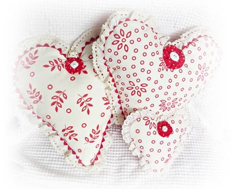 Set of 3 Heart Pillows in graduated sizes matching red & white ruffles and chenille Valentines