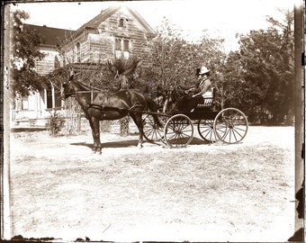 Sepia photo from late 1800s developed from an antique GLASS NEGATIVE couple on horse drawn carriage