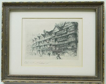 Antique etching by Edward J Cherry framed under glass with artist's provenance and signature