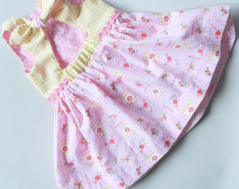 Girl's bright cotton sundress ~ size 6-9 mo ~ tieback full skirt gingham polka dot sweet print!