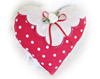 Small heart shaped VALENTINE pillow ~ bright white polka dots on red ~ embellished with ribbon & flower