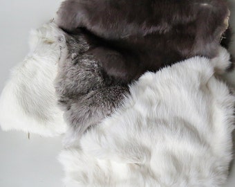 Four Soft Lush RABBIT PELTS, tanned and ready for crafting ~ two white, one grey and one deep brown