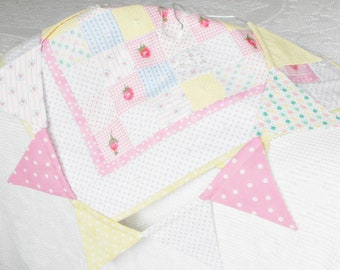 Sweet little pink rose baby quilt new born or doll patchwork tied  20.5" x 20.5" plus bonus banner