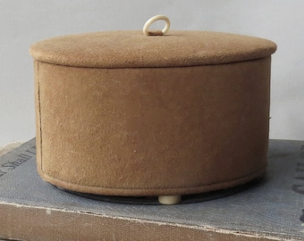 Vintage TRINKET BOX soft suede leather oval with lid and celluloid ring on cover and feet 4 1/2" x 2 5/8"