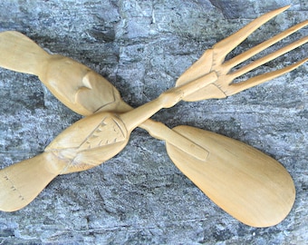 Vintage SALAD FORK SPOON set hardwood symbolized geese handles hand carved