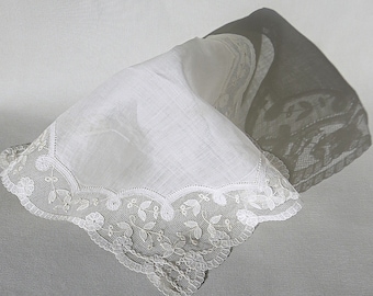 One perfect vintage HANDKERCHIEF labeled BELGIUM white lacy square just under 10"x10"