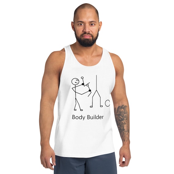 Body Builder — Mens Tank by Stick Wit Designs, digitally hand-drawn gym humor design by Travis Conger