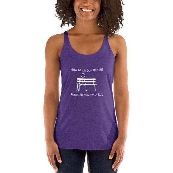 How Much Do I Bench — Womens Tank by Stick Wit Designs, digitally hand-drawn gym humor design by Travis Conger