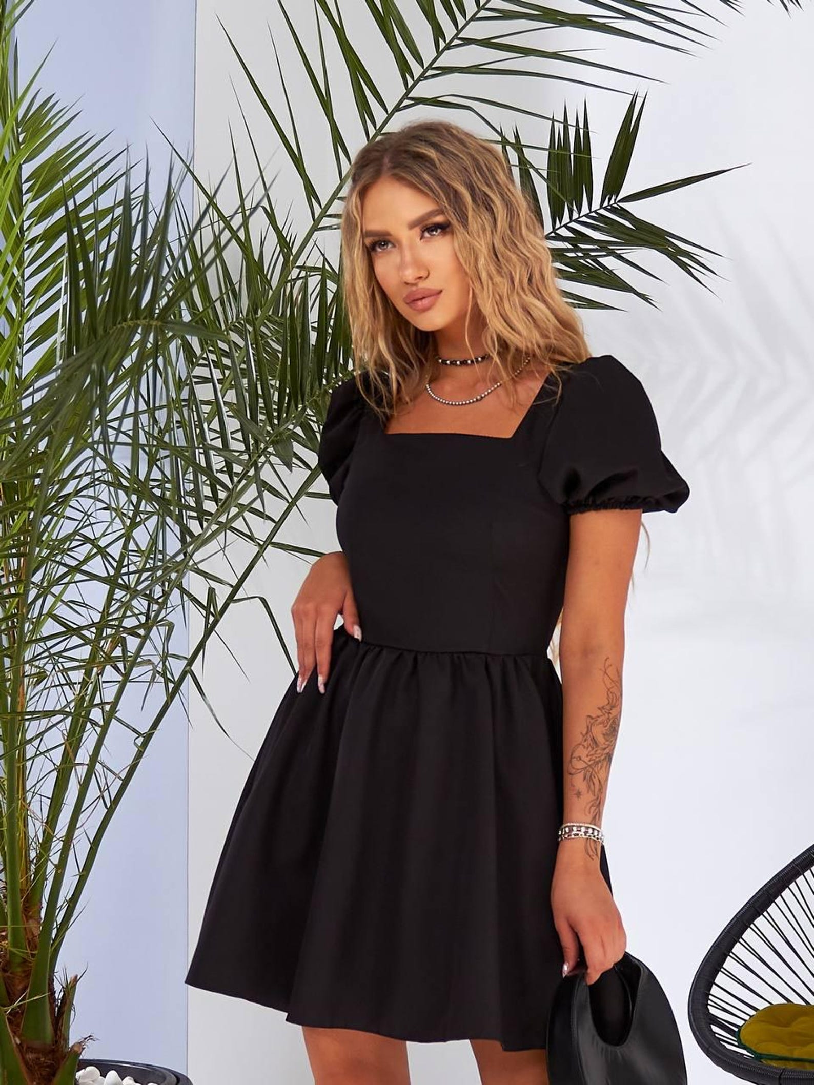 White Lace Dress Women Square Neck Puff Sleeve Hook Flower Hollow Party Dresses