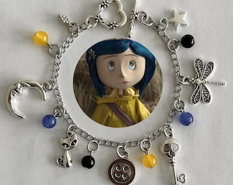 Coraline Movie Charm Bracelet, Natural Chalcedony Crystal Beads, Grunge Keychain, Weird Girl Jewelry