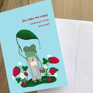 Tarjeta de felicitación con juego de palabras de rana para cualquier ocasión: divertida tarjeta de fresa hecha a mano de Cottagecore: tarjeta de amor con juego de palabras de frutas y flores, diseño simple y divertido