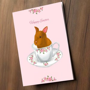 Osterhasen-Grußkarte - süße handgemachte Osterkarte - Babykaninchen mit Teetasse kokett Landhauskern Design Spaß einfach minimalistisch mädchenhaft