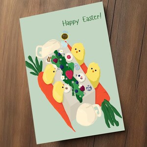 Carte de voeux animal de Pâques - Jolie carte de Pâques faite main - poussin avec jardin, thé dans le jardin, noyau de chalet, amusant esthétique Design simple
