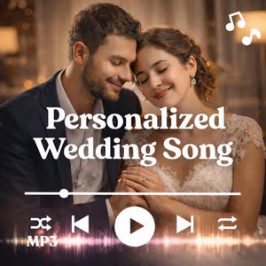 Könnte beinhalten: Werbebild für ein personalisiertes Hochzeitslied. Das Bild zeigt ein sich umarmendes Paar mit dem Text "Personalized Wedding Song" darüber. Musiknoten-Symbole und eine Musikplayer-Oberfläche sind ebenfalls vorhanden.
