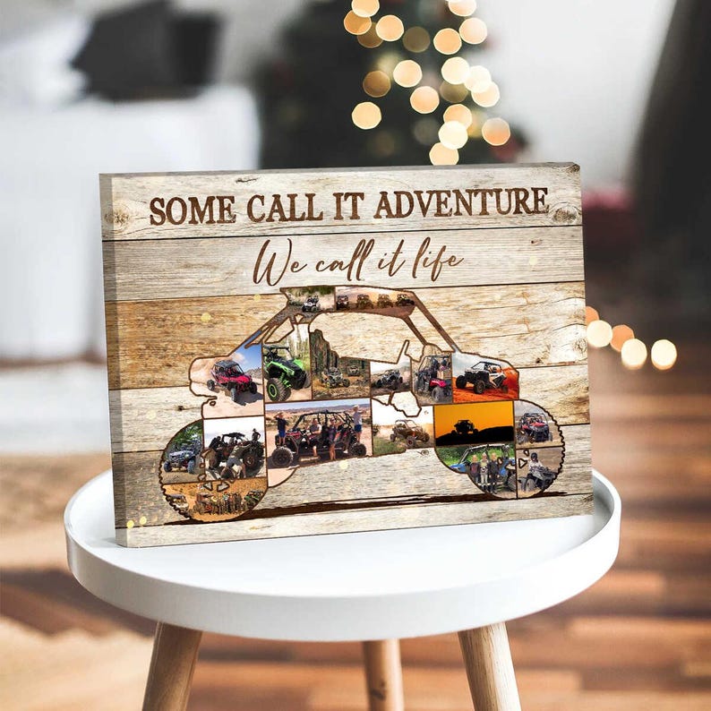 May include: A wooden wall art piece with a collage of off-road vehicle photos. The artwork features the text "SOME CALL IT ADVENTURE We call it life" in a rustic font, with a silhouette of an off-road vehicle.