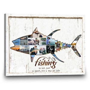May include: A framed wooden sign with a white distressed background. A fish-shaped cutout is filled with fishing-themed photos. The words "fishing is not just a sport, it's a way of life" are below the fish in a brown script font.