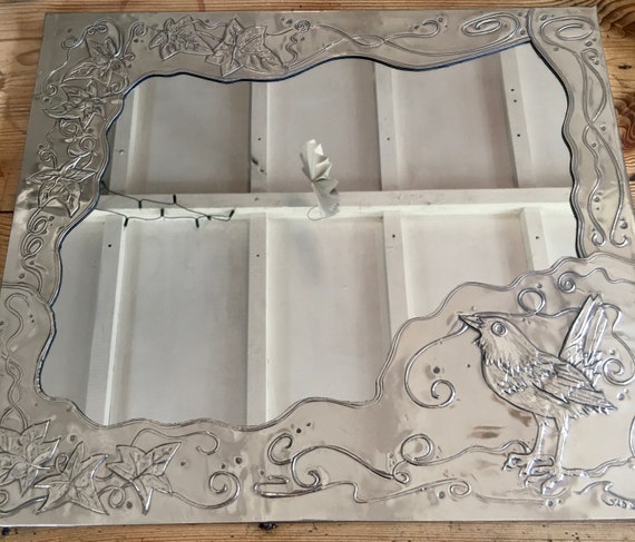 Bird mirror, rectangular Blackbird wall mirror,Pewter framed bird mirror.